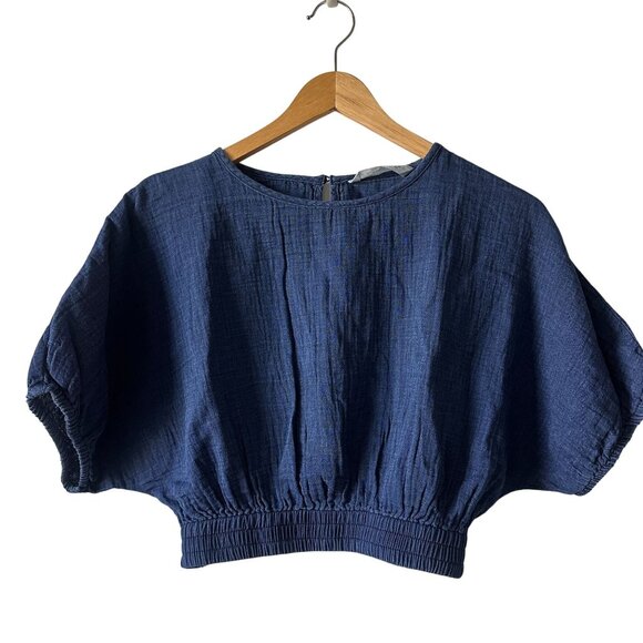 Mango Puffed-Sleeve Cotton denim Cropped Top Night Blue Chambray XS - Picture 1 of 12